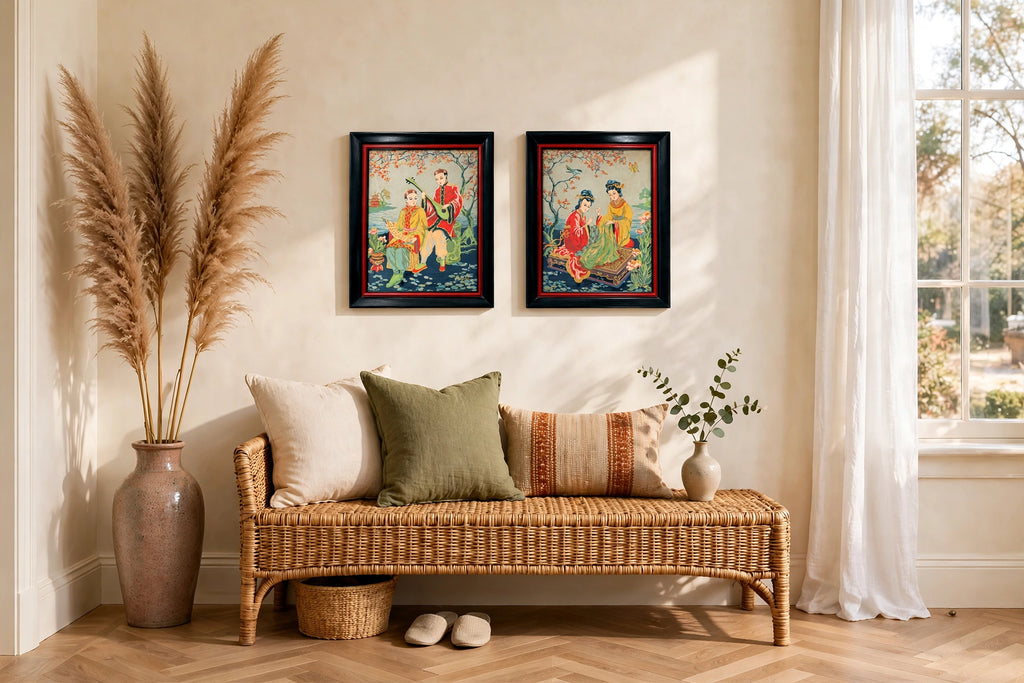 Styled lifestyle photo — the small framed Asian textile pair (17 × 14 in each) in a bright entryway above a woven bench (display inspiration)