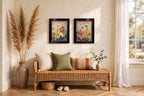 Styled lifestyle photo — the small framed Asian textile pair (17 × 14 in each) in a bright entryway above a woven bench (display inspiration)