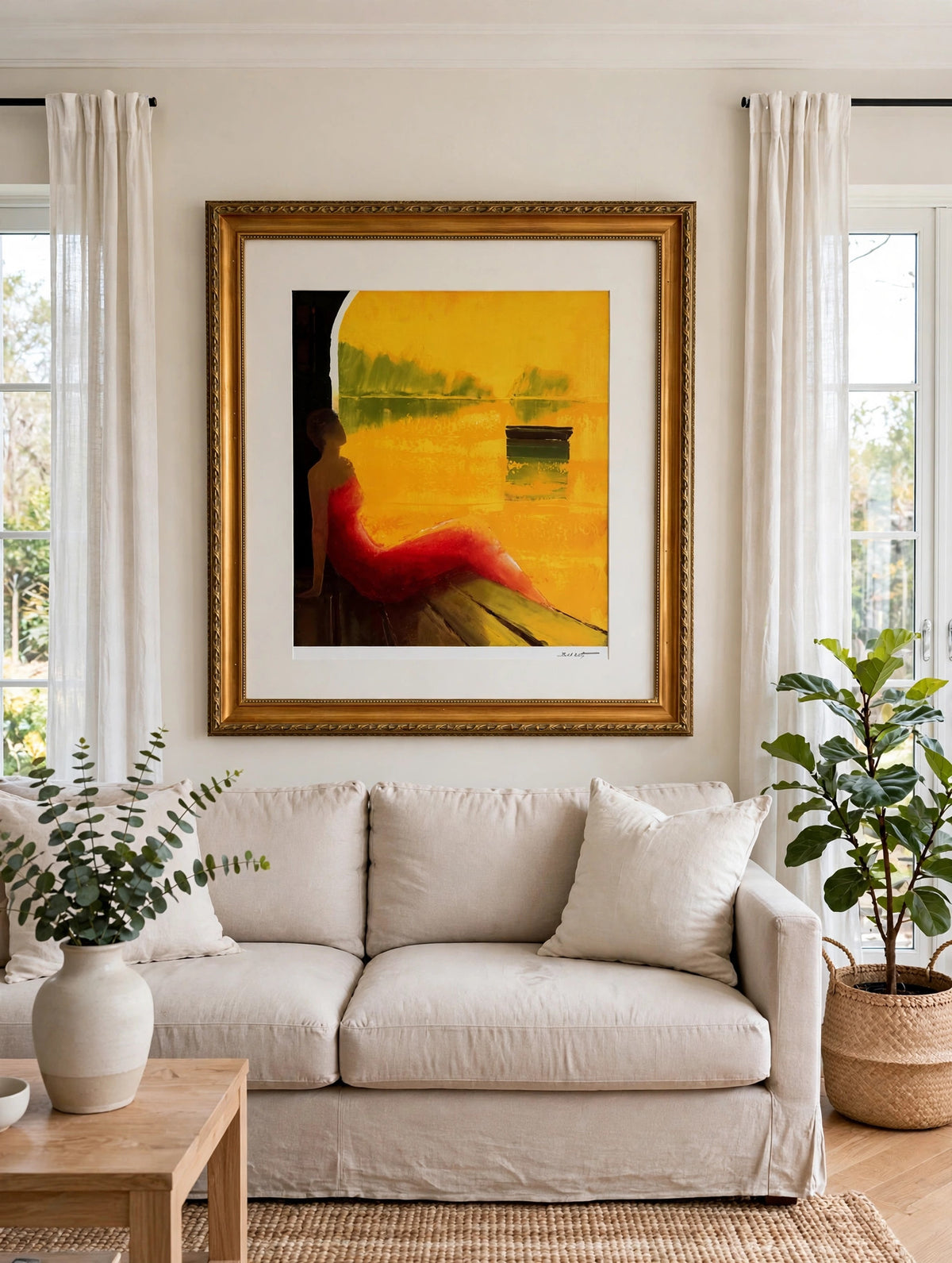 Styled lifestyle photo — the framed Bellet seriolithograph above a linen sofa in a bright living room (display inspiration)