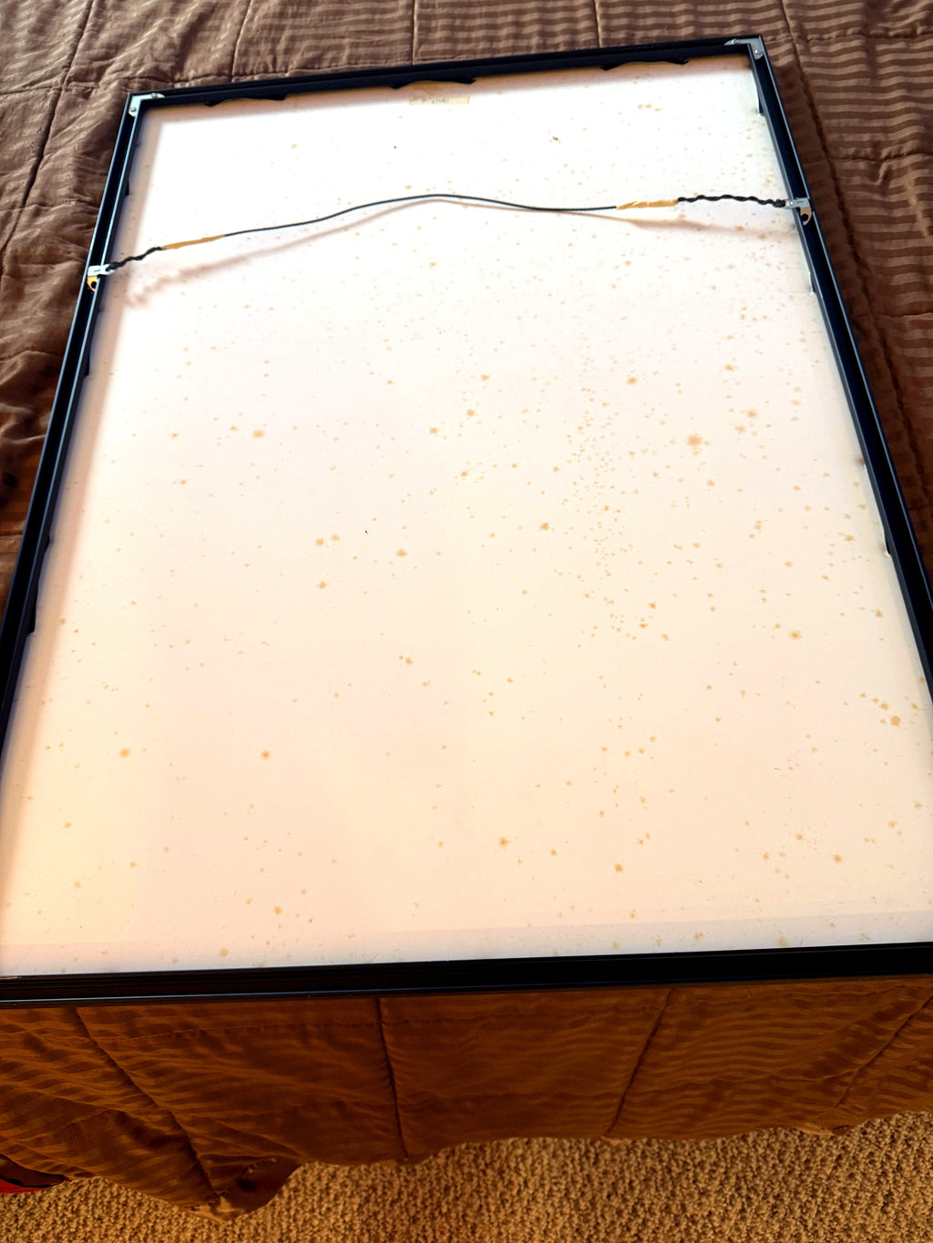 Back of the framed poster showing original paper backing and hanging wire