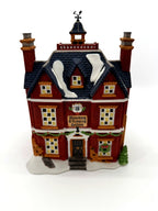 Department 56 Dickens' Village Boarding & Lodging School 1993 #5809-2 – 150th Anniversary of A Christmas Carol Commemorative Edition, No. 18 – front view with No. 18 plaque, Boarding & Lodging School sign, rooster weathervane cupola and twin chimneys