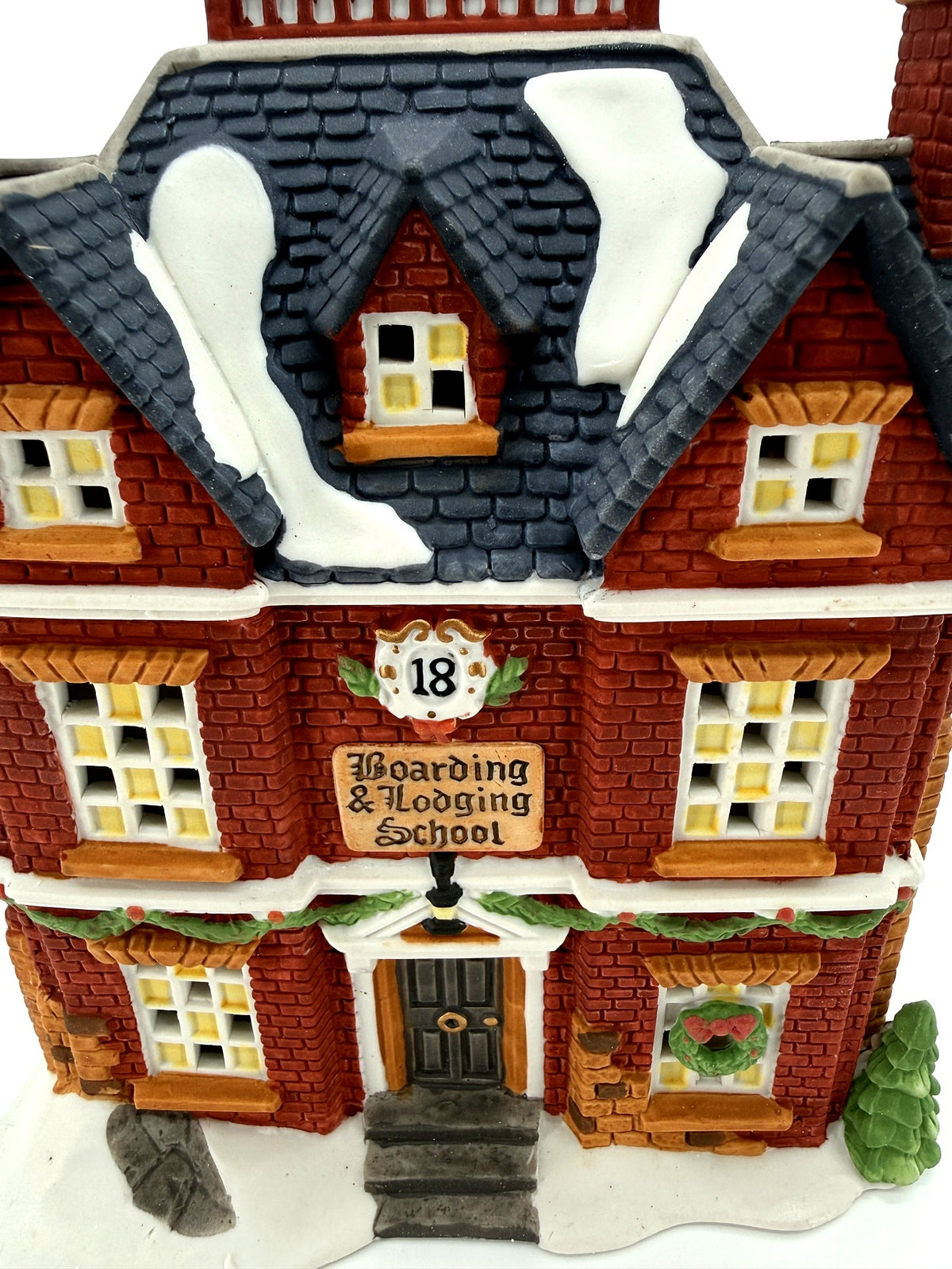 Department 56 Dickens' Village Boarding & Lodging School 1993 #5809-2 – 150th Anniversary of A Christmas Carol Commemorative Edition, No. 18 – front close-up view