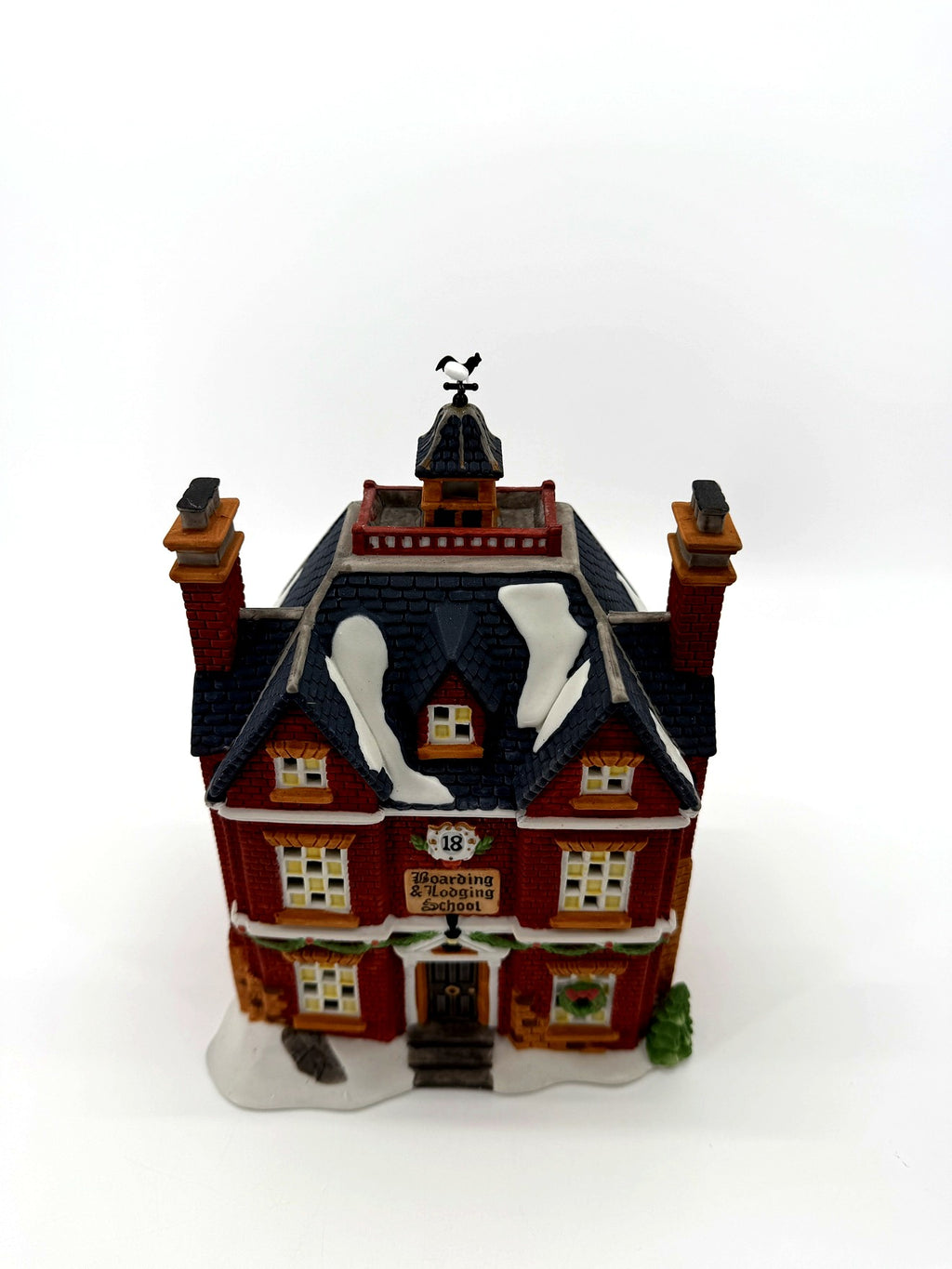 Department 56 Dickens' Village Boarding & Lodging School 1993 #5809-2 – 150th Anniversary of A Christmas Carol Commemorative Edition, No. 18 – front view from a higher angle showing the snow-covered roofs
