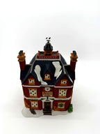 Department 56 Dickens' Village Boarding & Lodging School 1993 #5809-2 – 150th Anniversary of A Christmas Carol Commemorative Edition, No. 18 – front view from a higher angle showing the snow-covered roofs