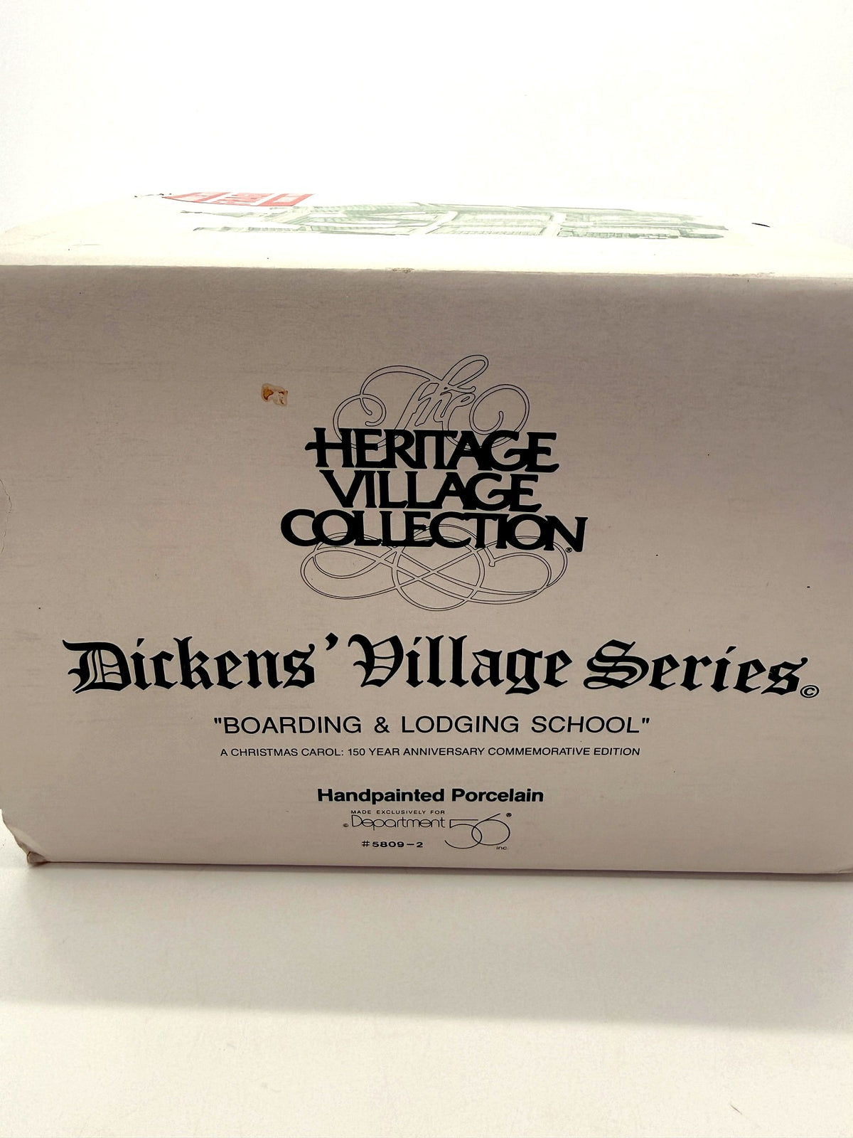 Department 56 Dickens' Village Boarding & Lodging School 1993 #5809-2 – 150th Anniversary of A Christmas Carol Commemorative Edition, No. 18 – original box end: Heritage Village Collection, Dickens' Village Series, Boarding & Lodging School, item #5809-2