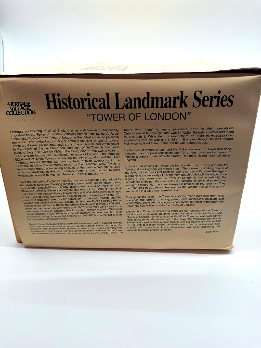 Department 56 Tower of London, Dickens' Village Historical Landmark Series, 1997 – original box back panel with the Historical Landmark Series story