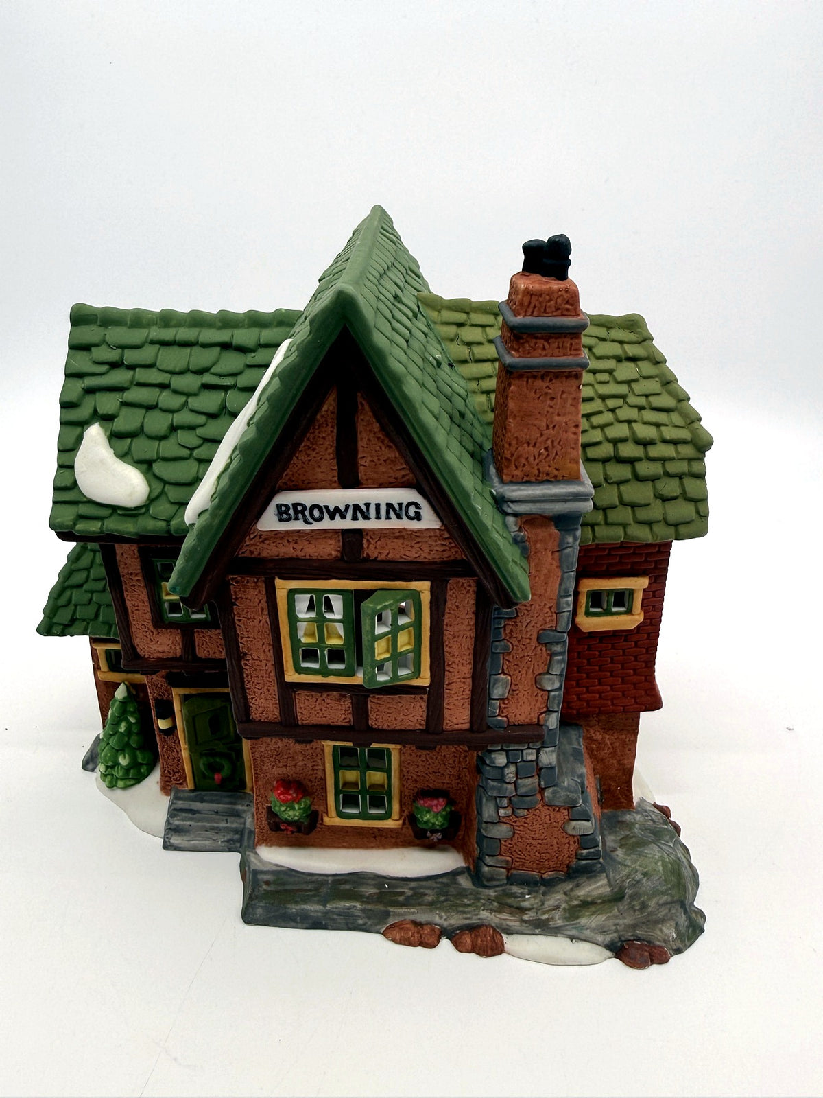 Department 56 Browning Cottage, Dickens' Village, 1994 – front view: BROWNING sign, open casement window, flower boxes, green shingled roofs