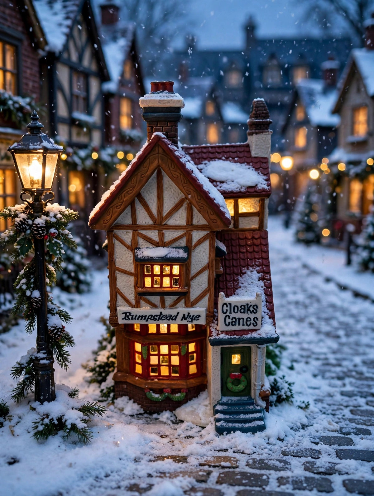 Styled lifestyle photo — Bumpstead Nye on a snowy Dickens village street at dusk (display inspiration)