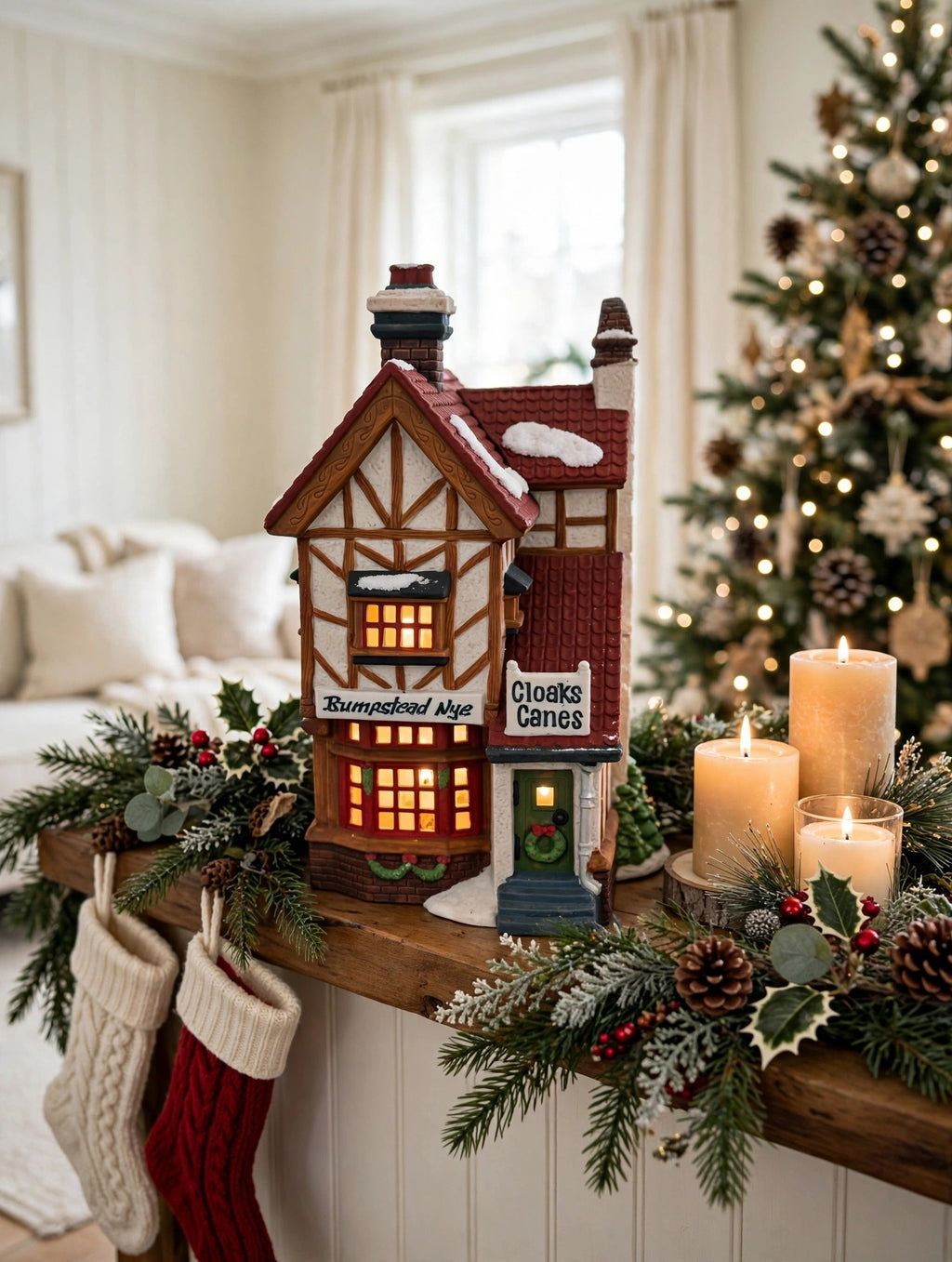 Styled lifestyle photo — Bumpstead Nye on a Christmas mantel with garland, stockings and candles (display inspiration)