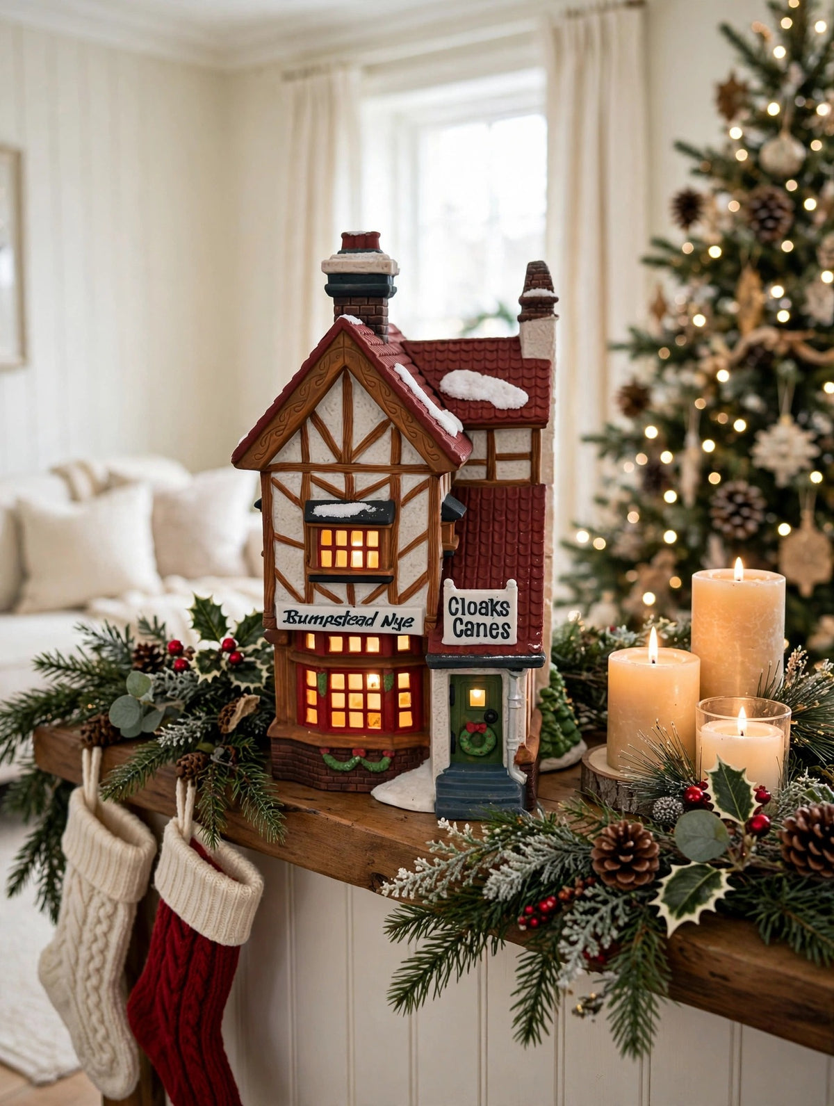 Styled lifestyle photo — Bumpstead Nye on a Christmas mantel with garland, stockings and candles (display inspiration)