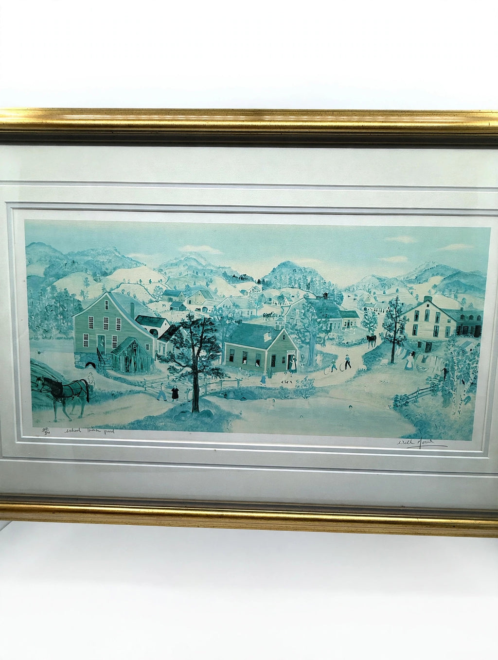 Will Moses "School House Pond" lithograph — close front view of the full village scene, with the pencil signature and edition inscription in the margin