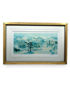 Will Moses "School House Pond" lithograph — straight-on front view, showing the full gold frame and white double mat