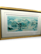 Will Moses "School House Pond" lithograph — angled front view showing the gold gilt frame and the white double mat