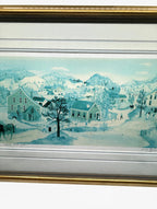 Will Moses "School House Pond" lithograph — close front view of the left half of the scene: the farmhouse, the horse, and the schoolhouse at center