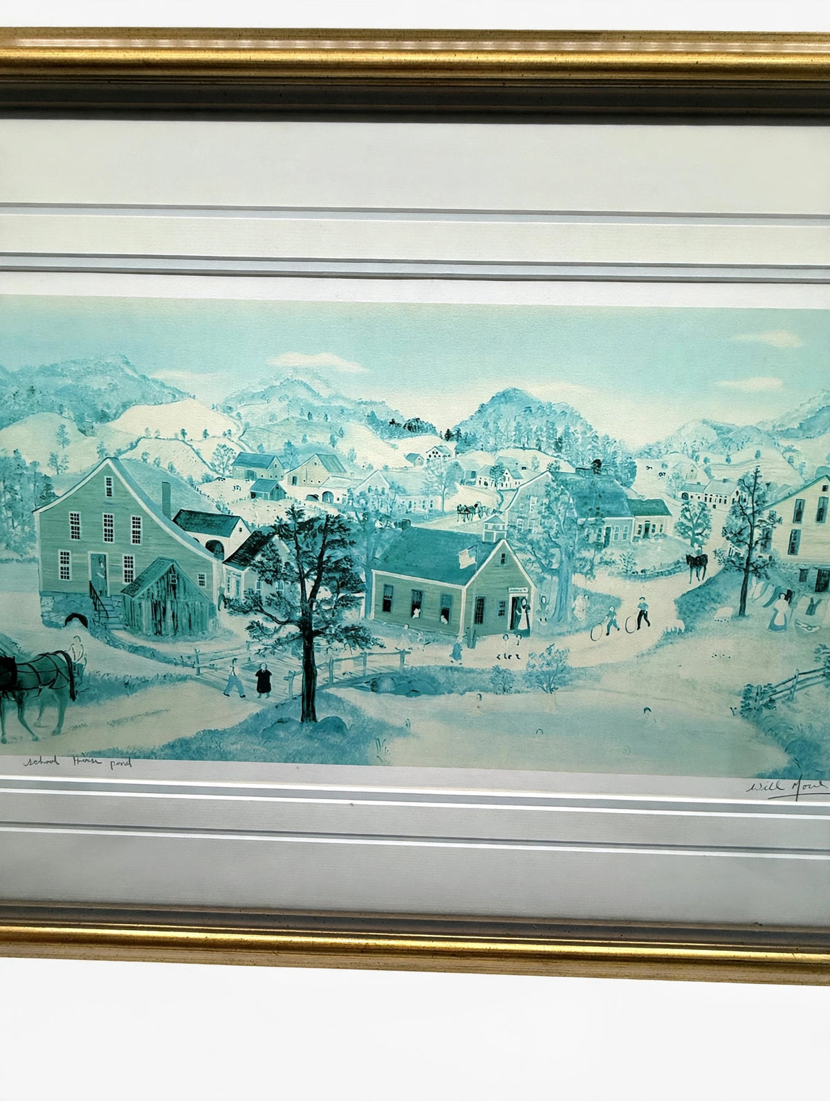 Will Moses "School House Pond" lithograph — close front view of the left half of the scene: the farmhouse, the horse, and the schoolhouse at center