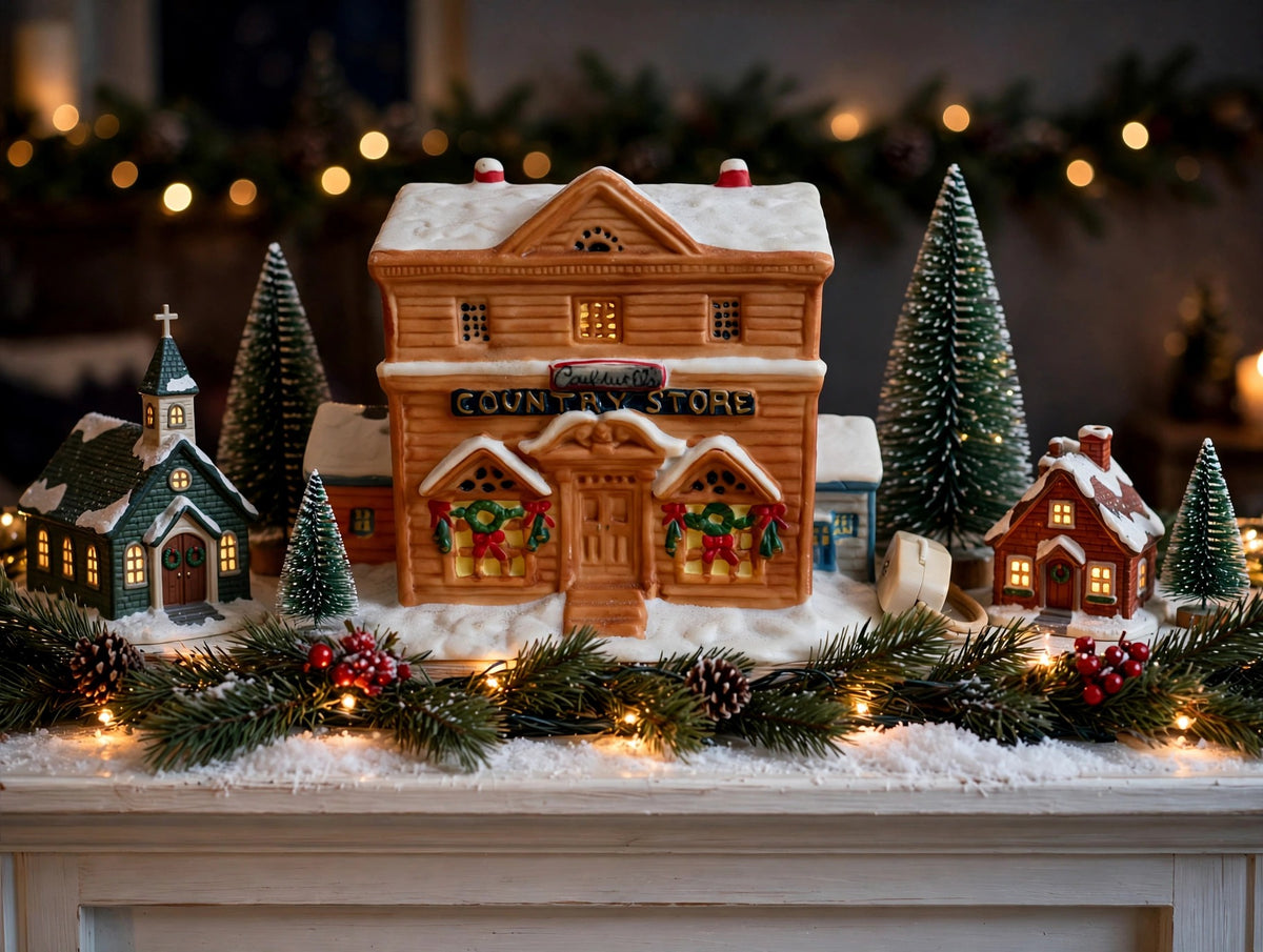 Lighted ceramic Christmas village country store on a snowy mantel village display (styled display image for inspiration; the ceramic store is the item for sale)