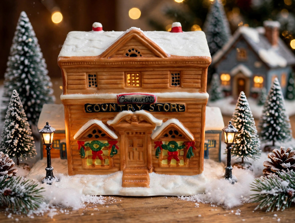 Lighted ceramic Christmas village country store in a tabletop village scene with lamp posts (styled display image for inspiration; the ceramic store is the item for sale)