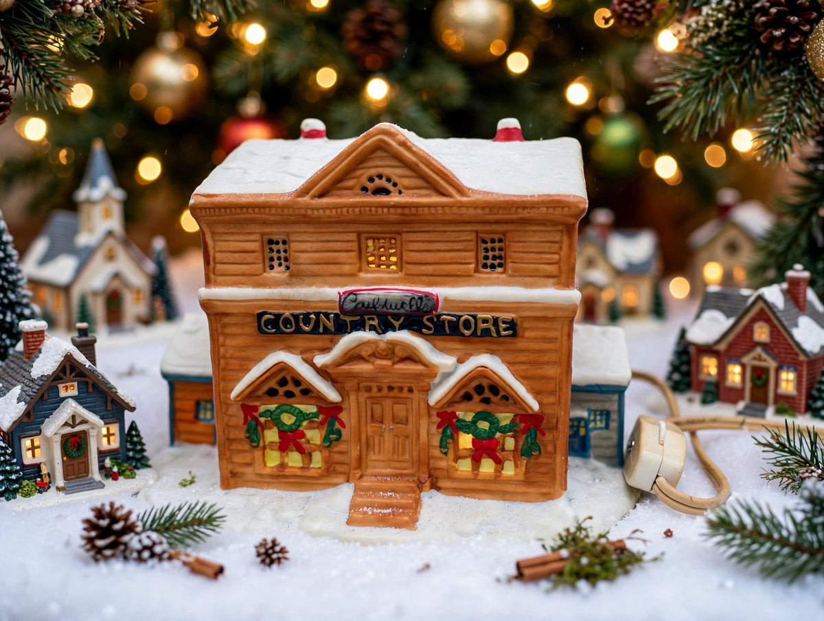Lighted ceramic Christmas village country store in a village beneath the Christmas tree (styled display image for inspiration; the ceramic store is the item for sale)
