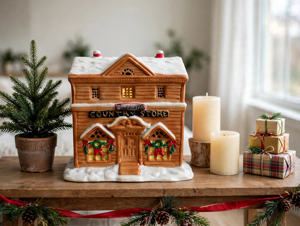 Lighted ceramic Christmas village country store on a console table with candles and wrapped gifts (styled display image for inspiration; the ceramic store is the item for sale)