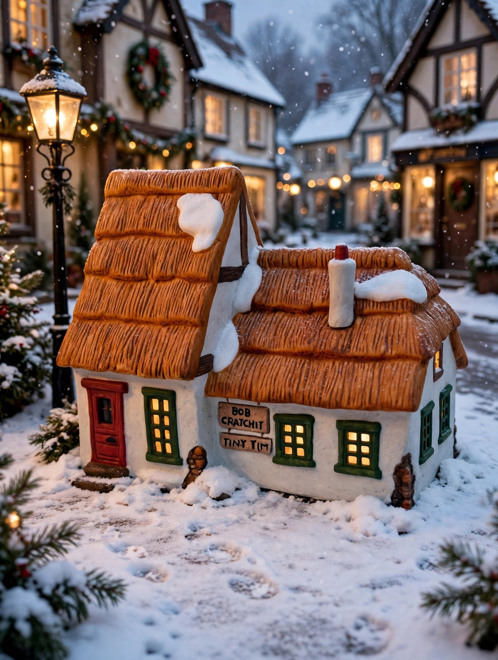 Styled lifestyle photo — the Cratchit cottage on a snowy Dickens village street at dusk, windows glowing (display inspiration)
