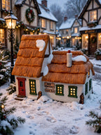 Styled lifestyle photo — the Cratchit cottage on a snowy Dickens village street at dusk, windows glowing (display inspiration)