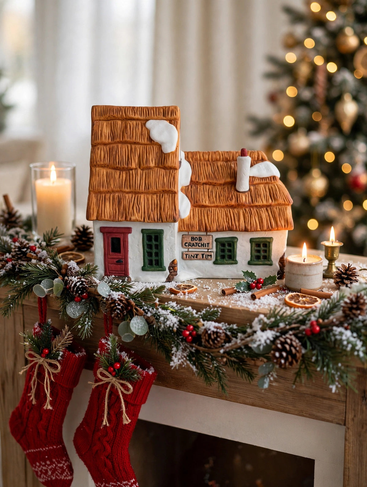 Styled lifestyle photo — the Cratchit cottage on a Christmas mantel with garland, stockings and candles (display inspiration)