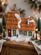 Styled lifestyle photo — the Cratchit cottage in a tabletop Christmas village display with bottle-brush trees and a lamppost (display inspiration)