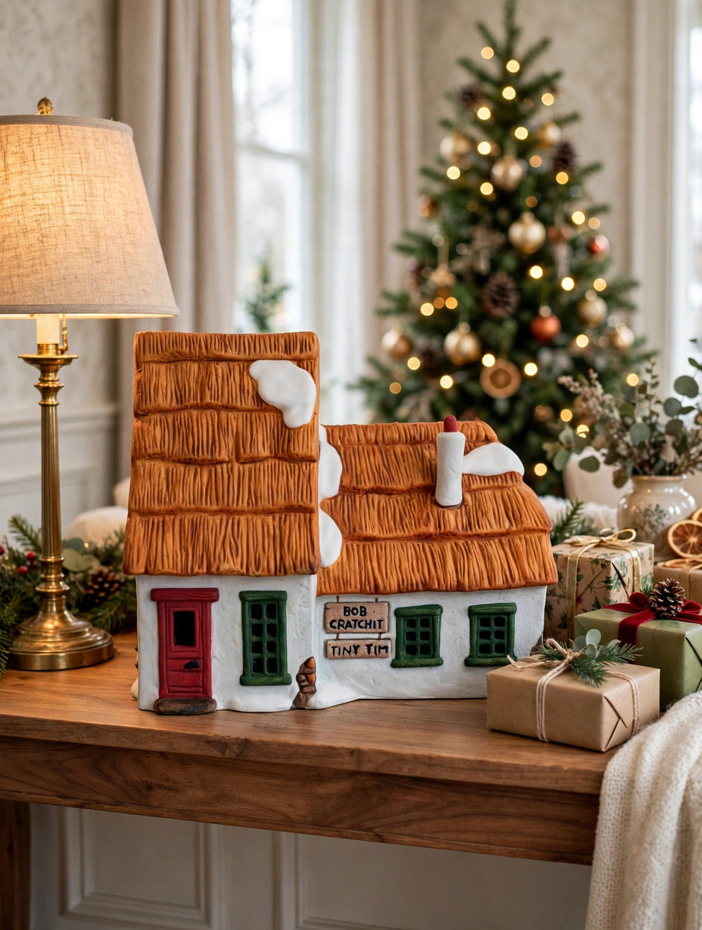 Styled lifestyle photo — the Cratchit cottage on a console table beside a lamp and wrapped gifts, Christmas tree behind (display inspiration)