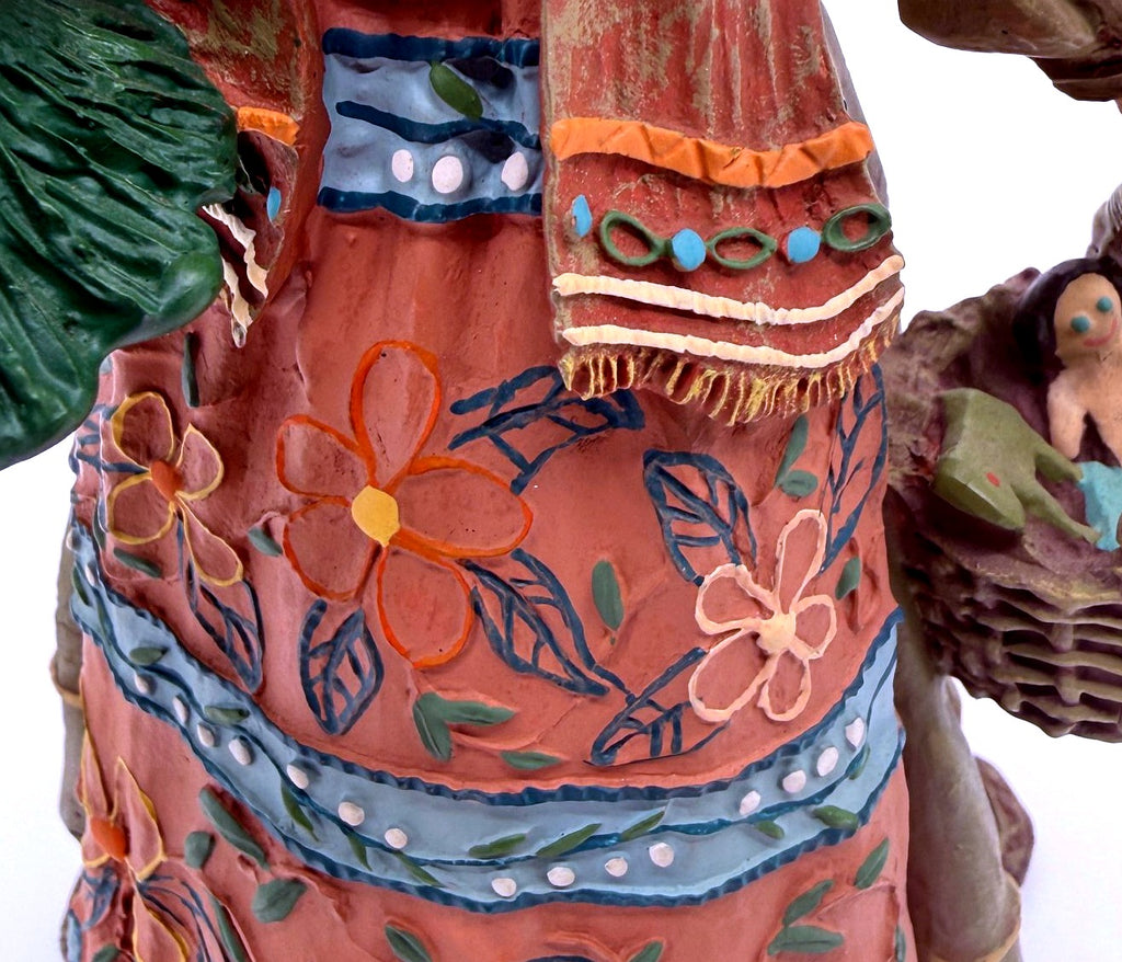 Detail: floral apron, rose scarf and embroidered dress (detail from seller photo)