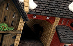 Department 56 Dickens' Village Butter Tub Barn #58338 – detail: the covered archway passage through the building, brick and stone interior