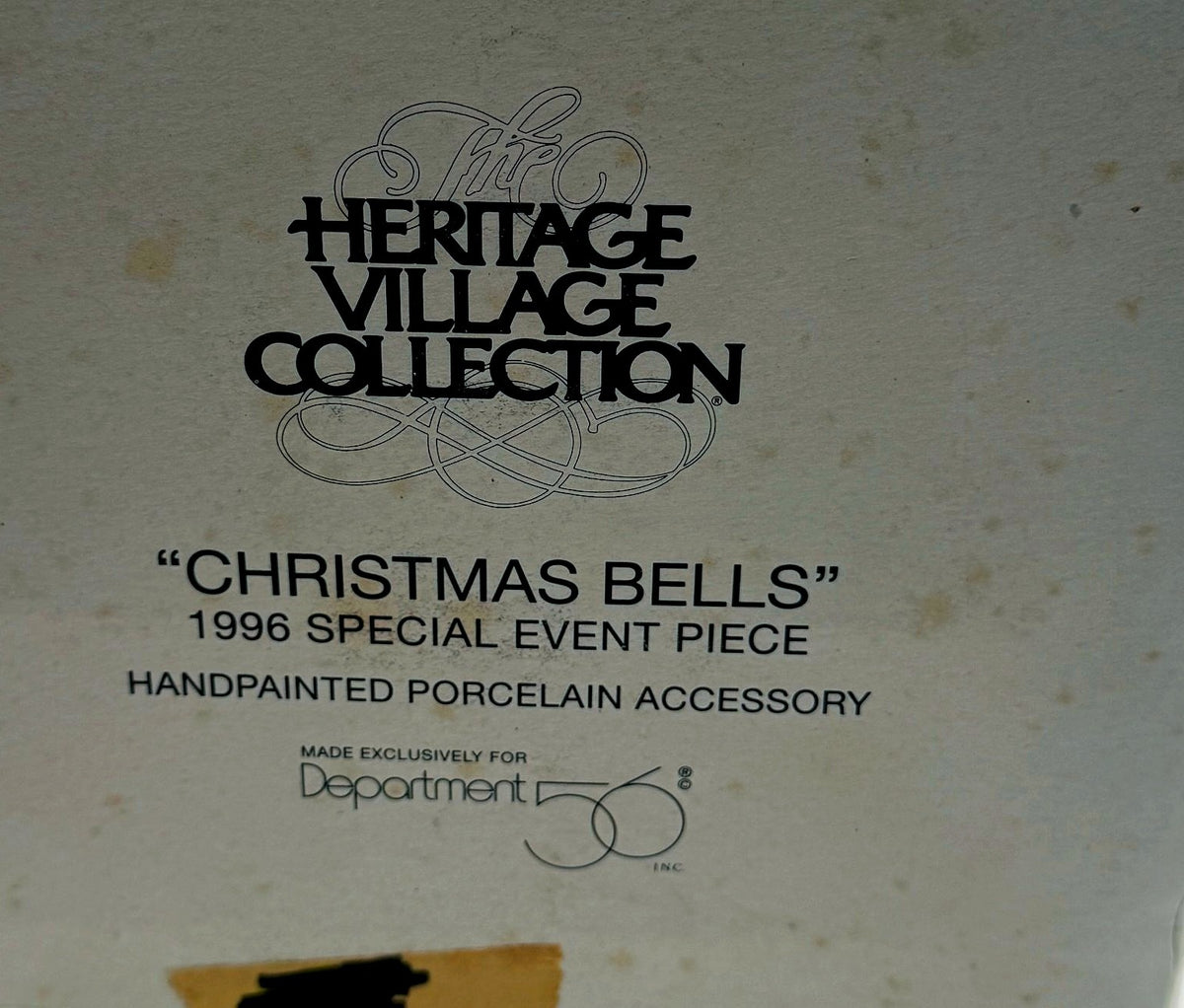 Department 56 Christmas Bells, 1996 Special Event Piece, Heritage Village Collection – detail: original box print, Heritage Village Collection, Christmas Bells 1996 Special Event Piece, handpainted porcelain accessory