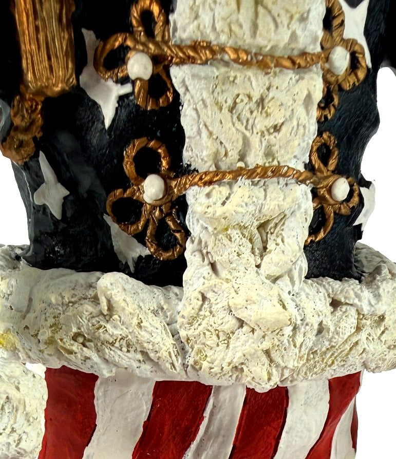 Detail close-up — gold frog closures with white toggles and textured off-white fur trim on the star-covered navy coat