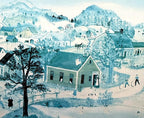 Detail — the schoolhouse at the center of School House Pond: the teacher at the door, children, the flag, the pond, and boys with hoops