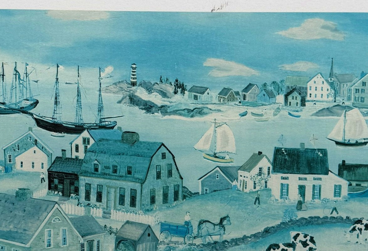 Detail — the village and harbor at the center of Shepherd's Nob: tall ships, the lighthouse, sailboats, farmhouses and a horse-drawn wagon