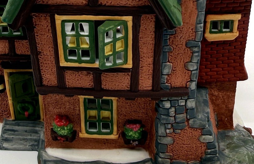 Department 56 Browning Cottage, Dickens' Village, 1994 – detail: front door with wreath, flower boxes and stone steps
