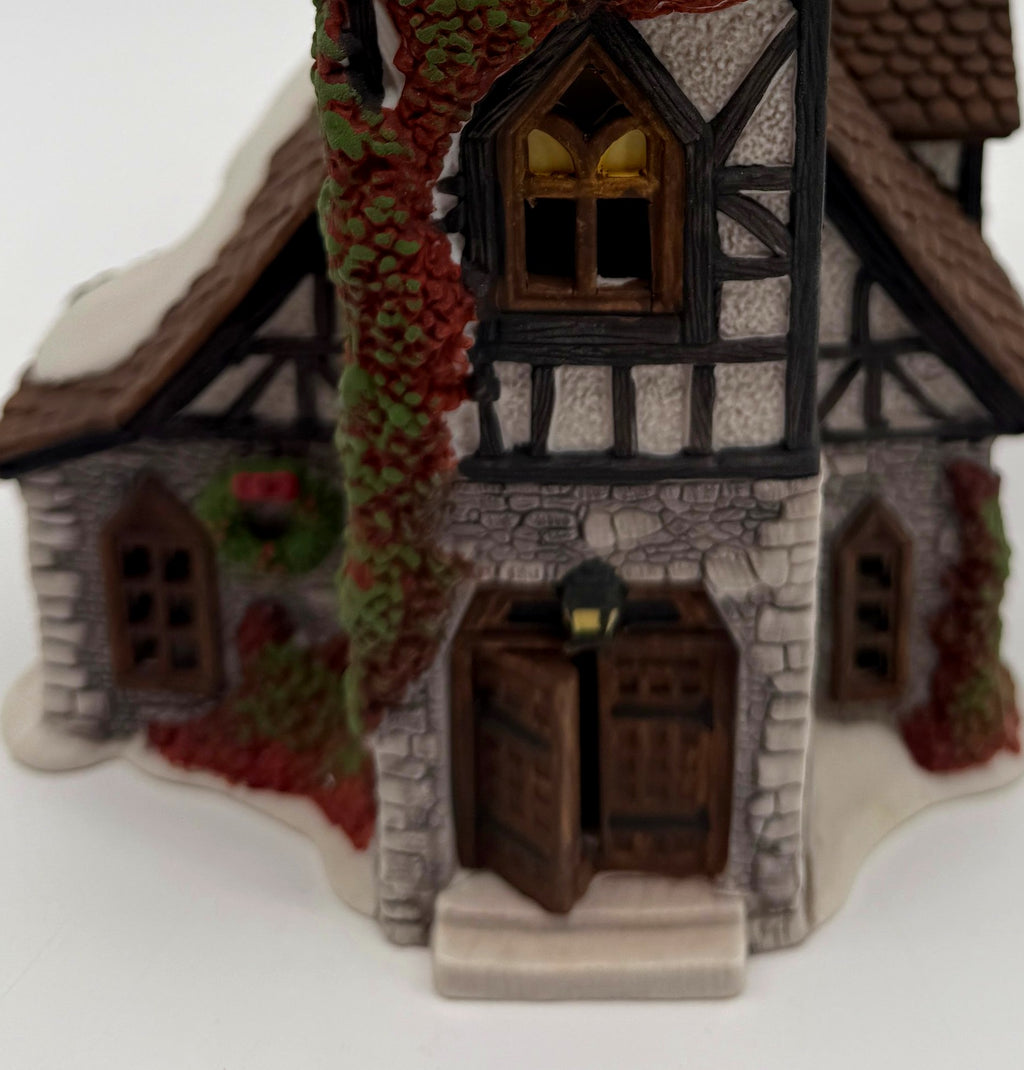 Department 56 Dickens' Village Old Michaelchurch 1992 lighted porcelain church — detail: double doors, one ajar, with lantern and wreath