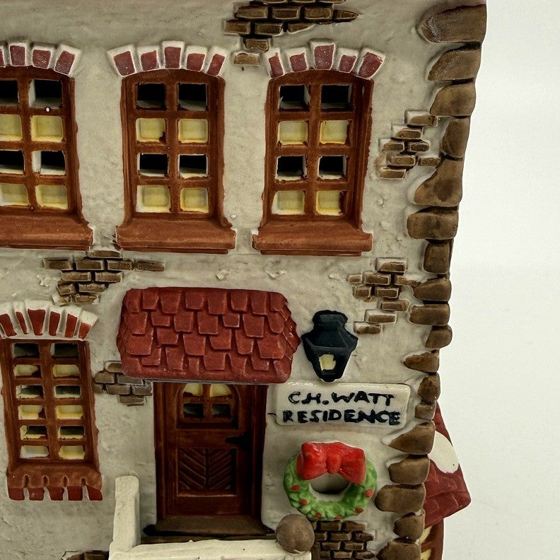 Department 56 Dickens' Village C. H. Watt Physician #5568-9 — detail: front door, C.H. Watt Residence sign, and wreath