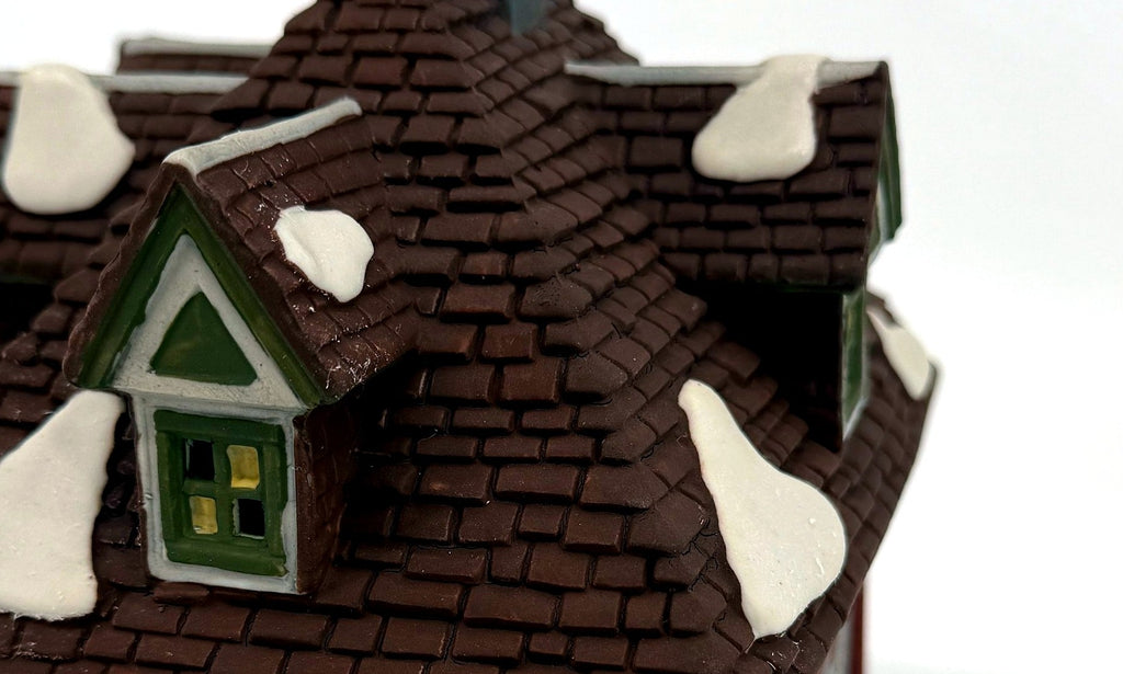 Wm. Wheat Cakes & Puddings #5808-7 — detail: twin dormer windows and snowy roof