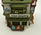 Department 56 Dickens' Village The Mermaid Fish Shoppe #5926-9 — detail: The Mermaid sign, bay window, and FISH SHOPPE storefront sign