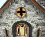 Detail: quatrefoil window, arched window and garland (detail from seller photo)