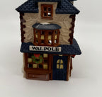 Department 56 Dickens' Village Walpole Tailors #5926-9 — detail: WALPOLE sign, bay window, wreath, and blue door