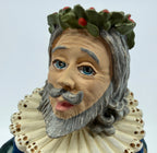 Vintage 1985 Duncan Royale Sir Christmas figurine – detail of the hand-painted face, holly wreath and white lace ruff collar