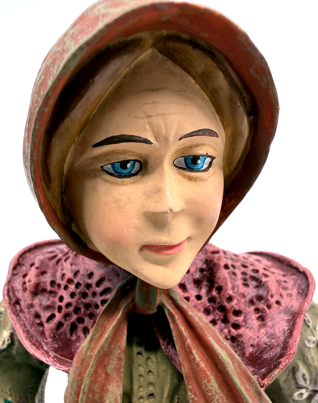 Detail: Babouska face, blue eyes, rose bonnet and lace collar (detail from seller photo)