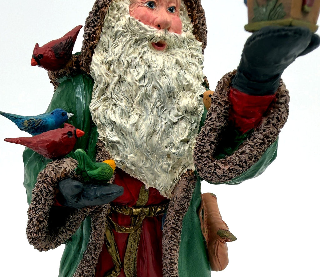 Detail: Santa's face, flowing beard and colorful songbirds (detail from seller photo)