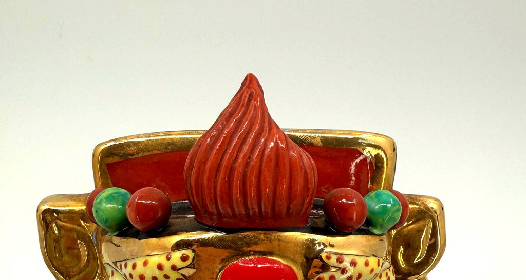 Vintage Chinese porcelain Lu Xing prosperity god statue, Taiwan — detail: gold headdress crown with red finial and red and green orbs