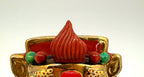 Vintage Chinese porcelain Lu Xing prosperity god statue, Taiwan — detail: gold headdress crown with red finial and red and green orbs
