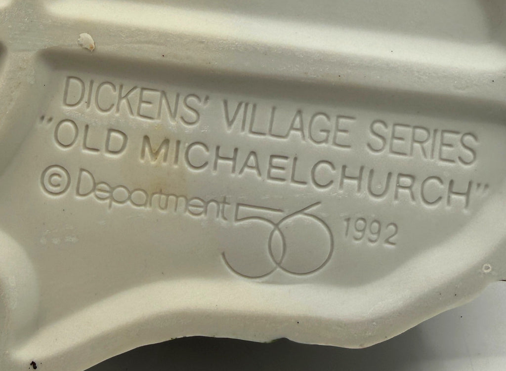 Department 56 Dickens' Village Old Michaelchurch 1992 lighted porcelain church — detail: molded Dickens' Village Series marks on the underside