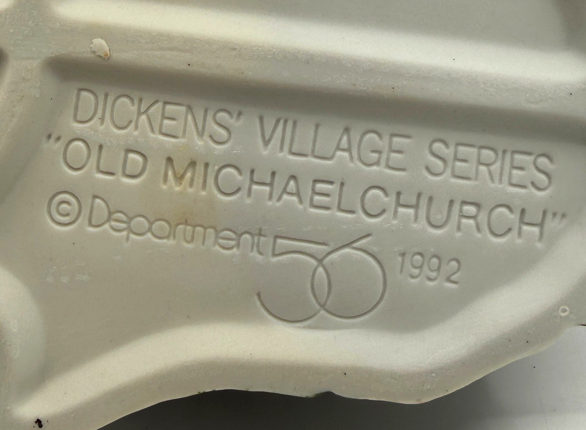 Department 56 Dickens' Village Old Michaelchurch 1992 lighted porcelain church — detail: molded Dickens' Village Series marks on the underside