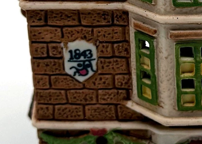 Department 56 Nephew Fred's Flat, Dickens' Village, 1991 – detail: 1843 plaque on the front wall