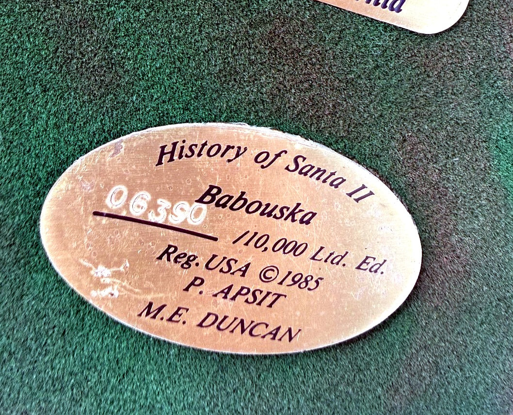 Detail: Duncan Royale underside plaque, History of Santa II Babouska No. 06390 of 10,000 (detail from seller photo)